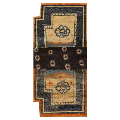 Antique Chinese Small Saddle Rug Horse Cover Wool Blue Navy, Ivory Carpet