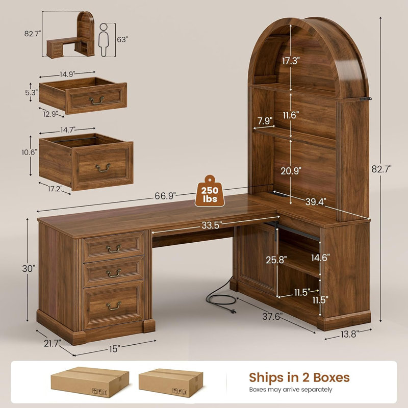 Bureau en forme de L 67 po avec grande bibliothèque arquée, Brun
