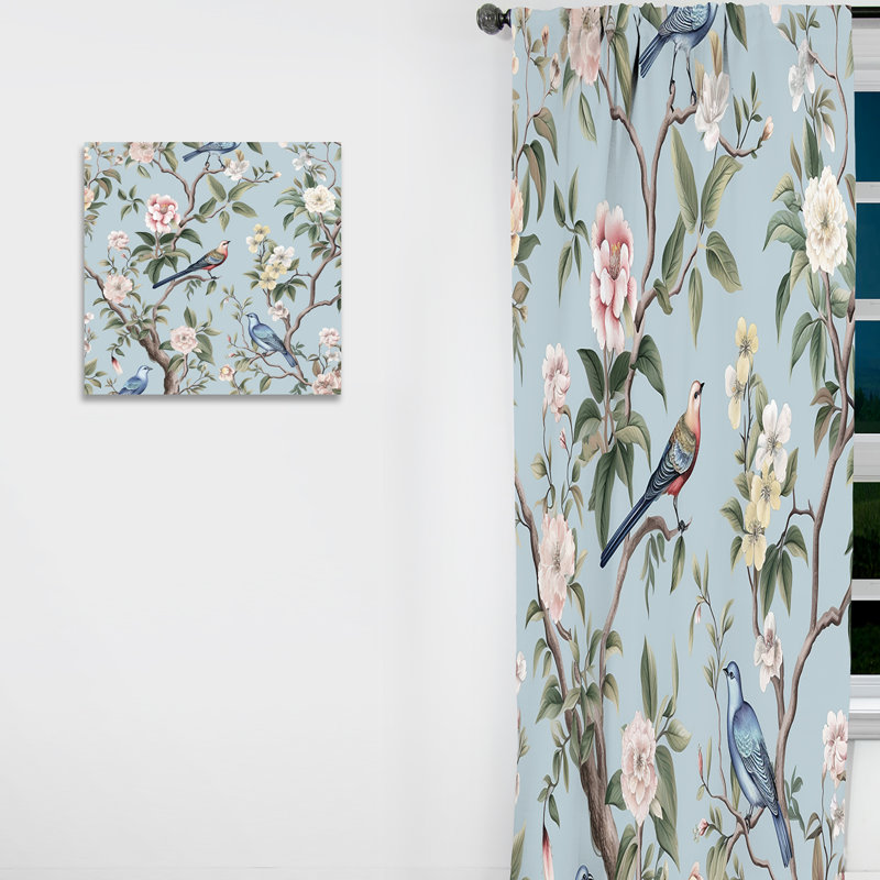 Chinoiserie avec oiseaux et pivoines - rideau traditionnel obscurcissant - 1 panneau, L 52 po x L 63 po