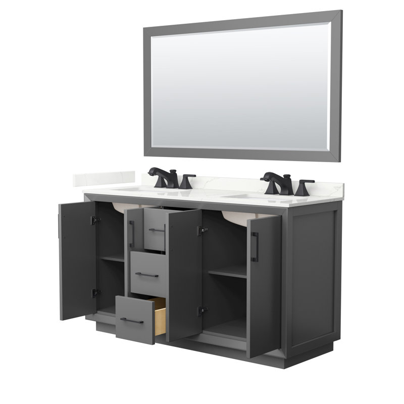 Strada 60'' W Double Vanity, Dark Gray, Giotto Quartz, Matte Black