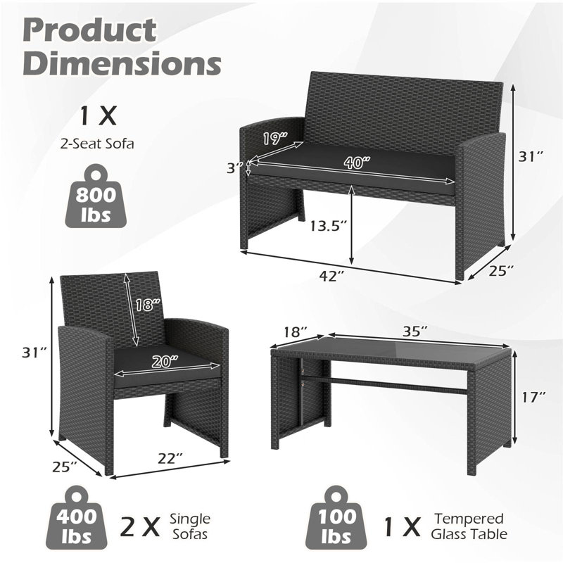 Set of 4 Patio Conversation Set w/Seat Cushions & Tempered Glass Tabletop Porch Outdoor, Black