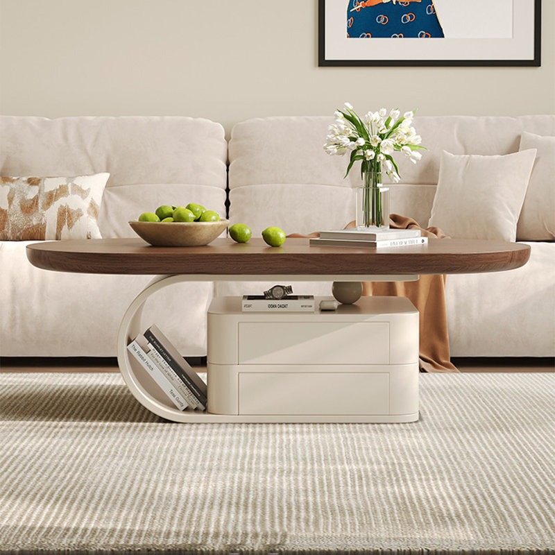 Table basse ovale de salon, H 15,7 po x L 51,2 po x l 27,6 po, Noyer foncé / blanc