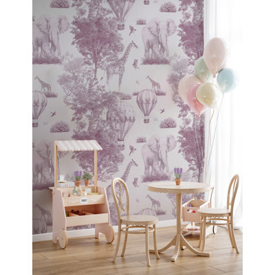 Motif de papier peint pour chambre d'enfant avec animaux safari roses et montgolfières