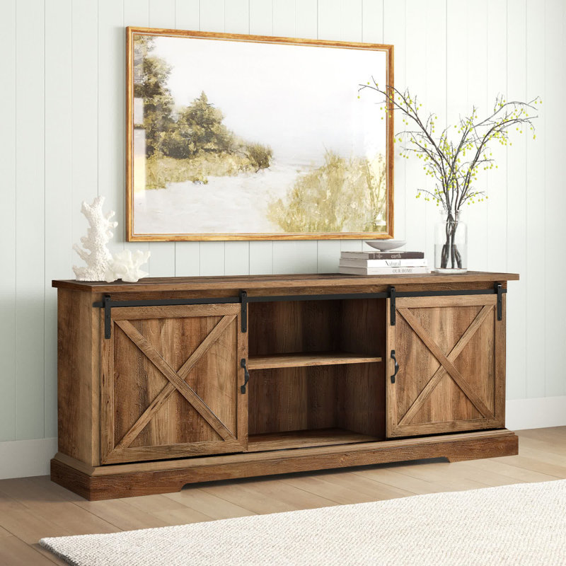 Carterton Sliding Door TV Stand for TVs, Rustic Oak, 28" H x 58" L x 16" W