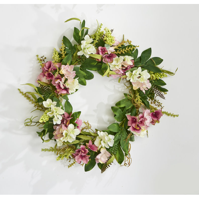 22" Artificial White & Pink Hydrangea Wreath