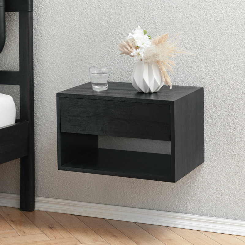 Halya Solid Wood Bedside Table Floating Nightstand, Black