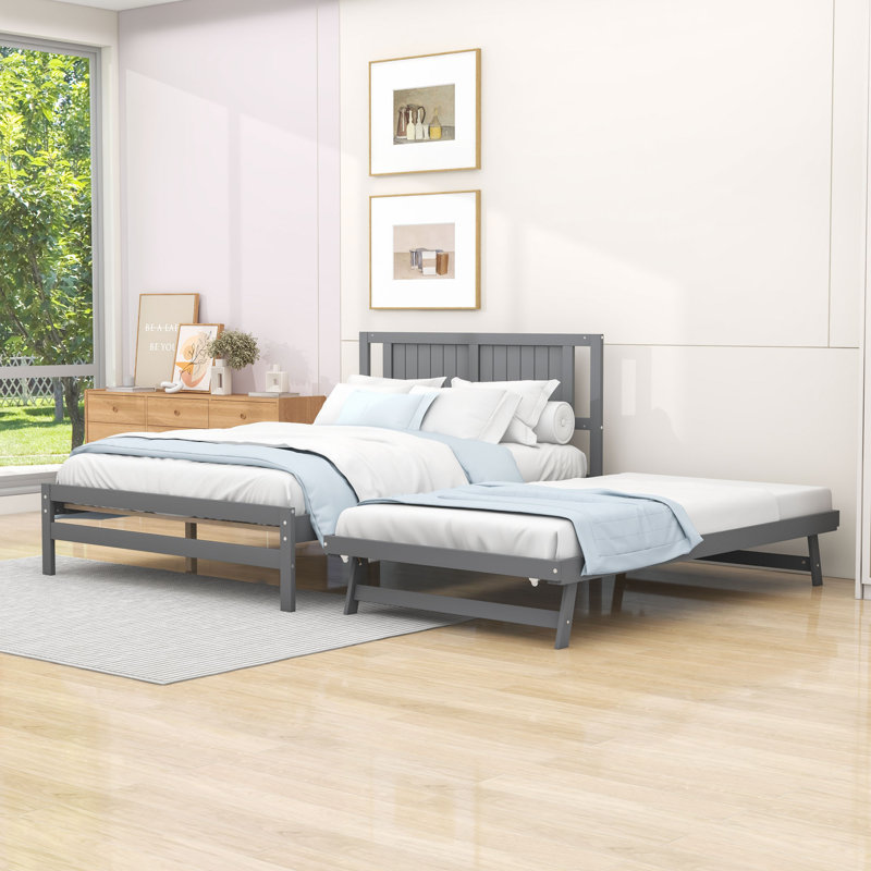 Lit plateforme double avec lit gigogne simple réglable et tête de lit, Gris