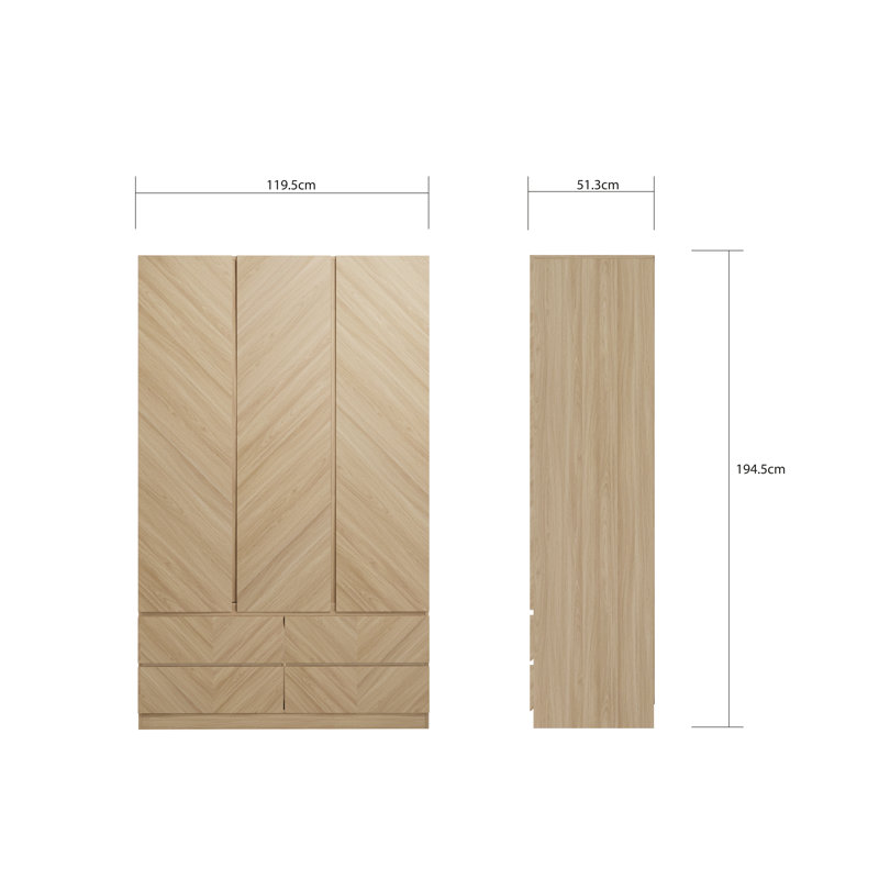 Kascha 3 Door Manufactured Wood Wardrobe, Oak