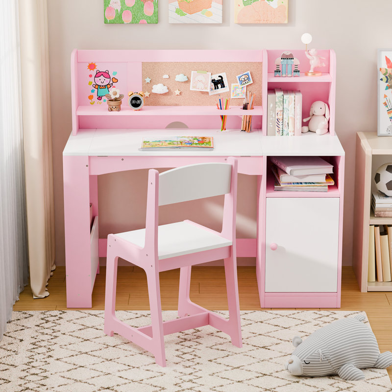 Bureau d'étude pour enfants avec chaise et bureau inclinable, Rose
