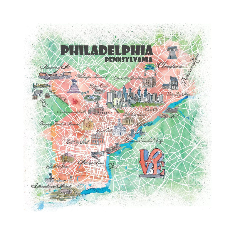 Philadelphia Pennsylvania Illustrated Map by Markus & Martina Bleichner - Wrapped Canvas Gallery-Wrapped Canvas Giclée
