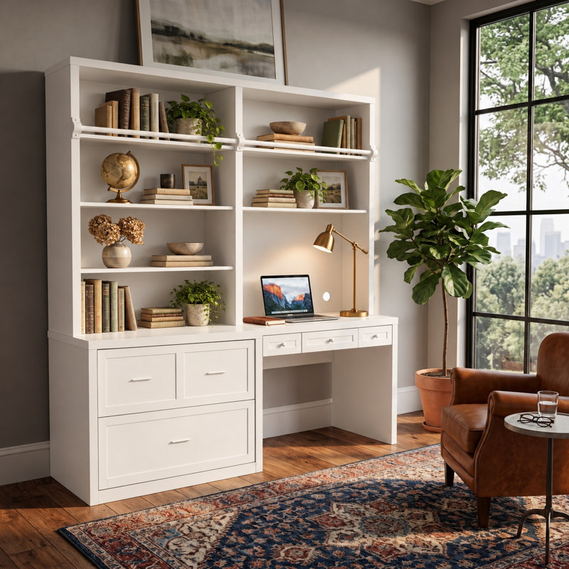Bureau Ziggie blanc de 196 cm de large avec tablette supérieure, meuble mural pour bureau à domicile avec étagères ouvertes, tiroirs et trousse anti-basculement