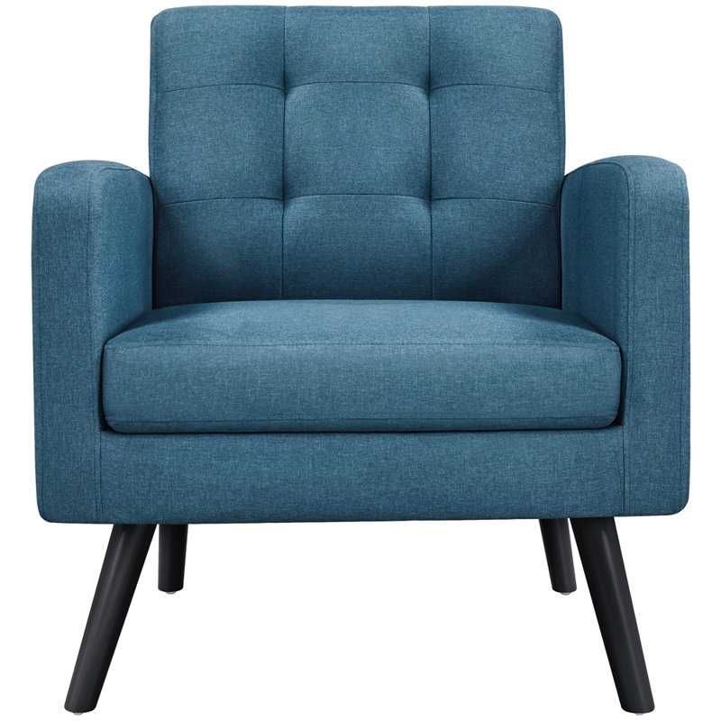 Brandalyn Mid Century Fabric Arm Chair Tufted with Rubber Wooden Leg, Navy Blue Polyester Blend