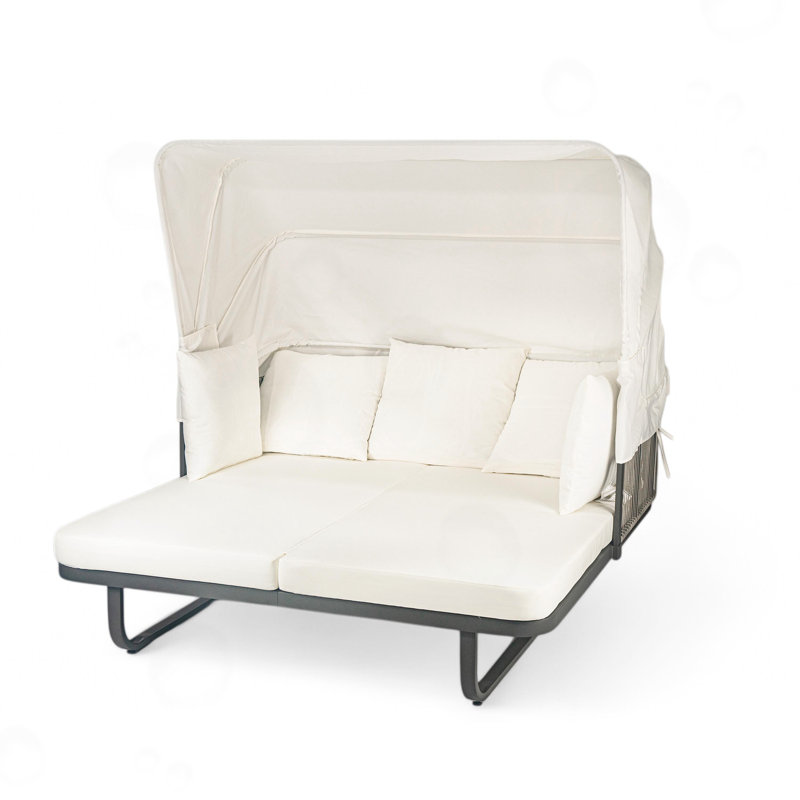 Rattan Sunbed with Pillows and Adjustable Shade, Beige
