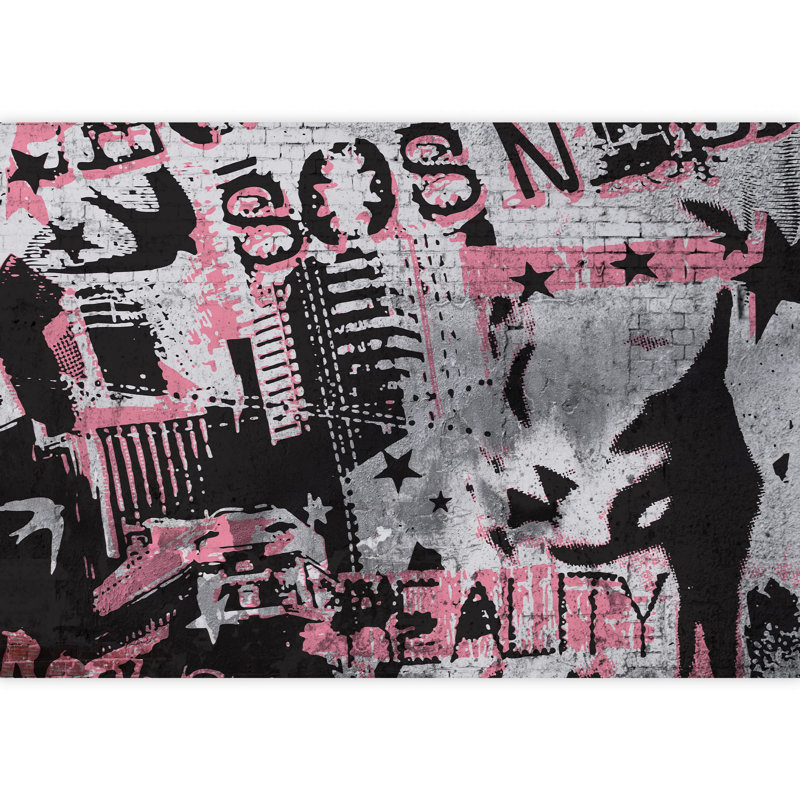 Grand papier peint à peler et à coller amovible coloré rose gris noir graffiti 004, L 66 po x l 96 po