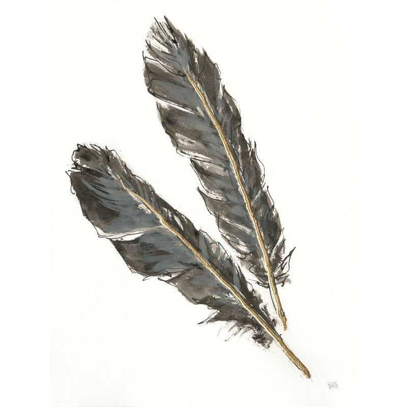 Plumes d'or III sur blanc noir, H 12 po x l 8 po