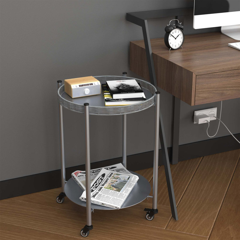 Table basse ronde avec roulettes Tables d'appoint mobiles à 2 niveaux Table de chevet amovible en métal pour la chambre à coucher et le salon