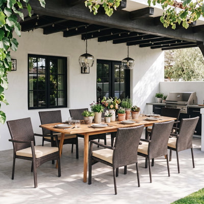 8 - Person Acacia Wicker Patio Dining Set with Extendable Rectangular Table , Cushions Included