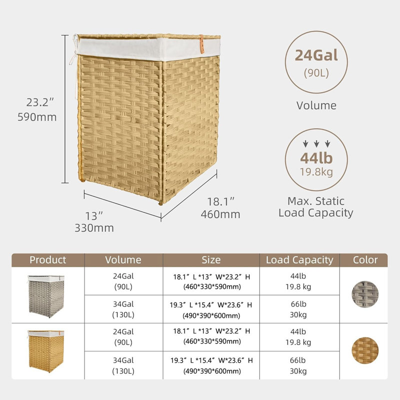 Wicker Laundry Hamper with Lid,24Gal (90 L) Rattan Laundry Basket 2 Sections with Lid, Removable Machine Washable Line, Large Clothes Hamper with Handles for Bathroom Bedroom, Yellow