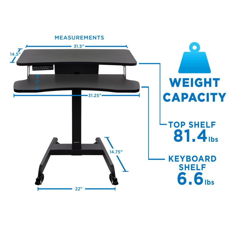 Mount-It! Electric Mobile Height Adjustable Standing Workstation with Wheels 31.5 x 14.5 in Tabletop