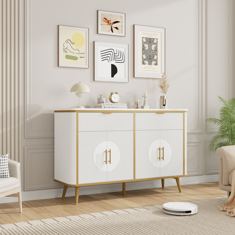 Armoire-buffet cannelée de 47,2 po de largeur, buffet avec 2 tiroirs et 4 portes cannelées, armoire de rangement avec tablettes réglables, table basse moderne pour le salon, la salle à manger, blanc
