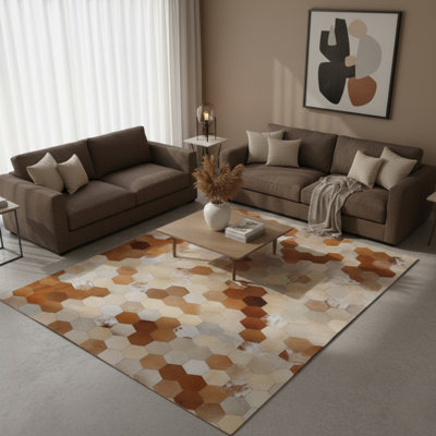 Brown & Cream Patchwork Cowhide Rug Leather Area Rug,Living Room Decor