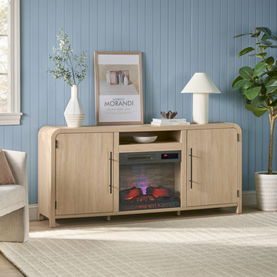 Chantelle 70” Modern Curved TV Stand with duraflame® Smart Electric Fireplace, Alexa Voice & App Control, Coastal Oak