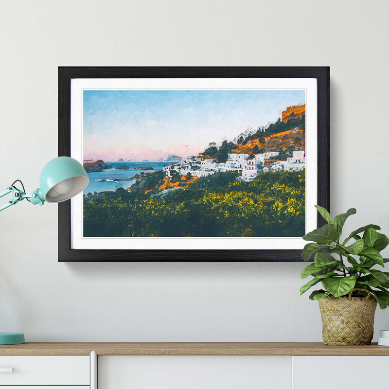 The Island of Rhodes in Greece in Abstract - Picture Frame Graphic Art Print, 62cm H x 87cm W x 2cm D, Black Framed