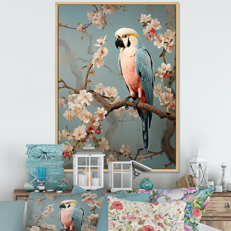 Art floral rétro perroquets rétro 2 - perroquet, Cadre flottant brun, H 32 po x l 24 po x P 1 po