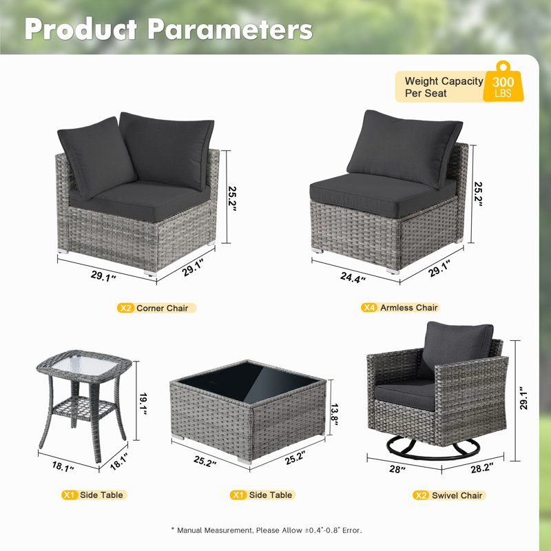 Rebbecca 8 - Person Patio Furniture Set with Swivel Rocker, Outdoor Wicker Rattan Sectional Seating Group with Cushions, All Weather Sofa Conversation Set with Fire Pit Table for Garden Backyard