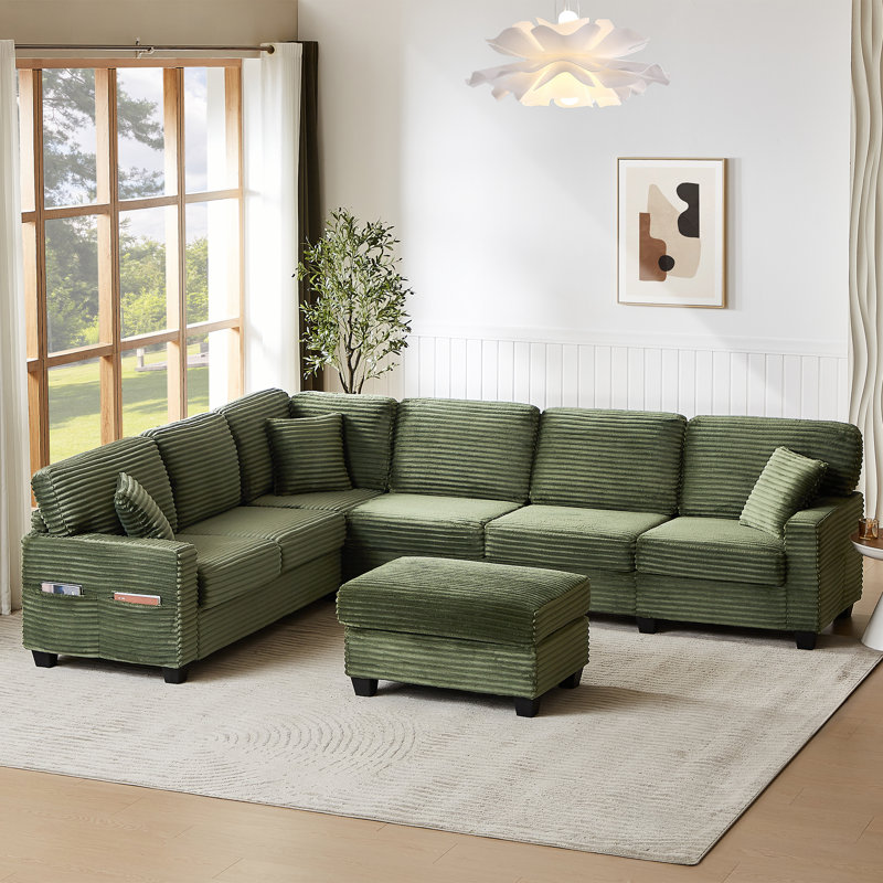 125.2"W 5-Piece Upholstered L-shaped Sectional with a Movable Ottoman, Green Corduroy