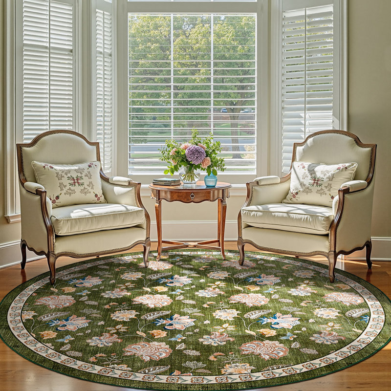 Chinoiserie Floral Rug Vintage Romance Design Washable Non-slip Green, Round 8', Green