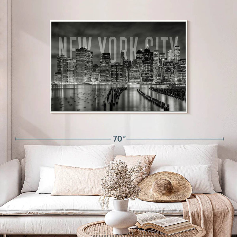 Horizon de New York monochrome, Cadre flottant blanc, 46 po x 31 po
