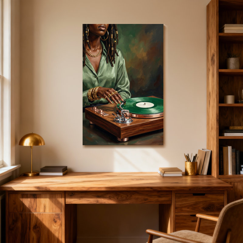 Femme à la mode avec tourne-disque en vinyle, H 24 po x l 16 po