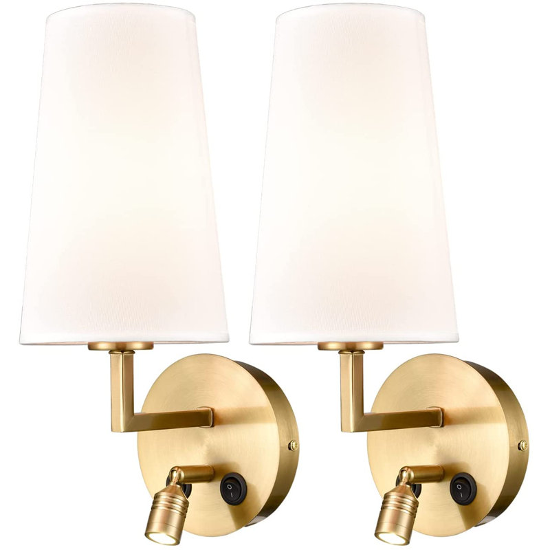 Brushed Brass and White Linen Conical Wall Sconce Set