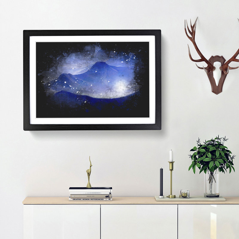 Purple & Blue Mountain Tops Paint Splash - Picture Frame Graphic Art, Black Framed, 62cm H x 87cm W x 2cm D
