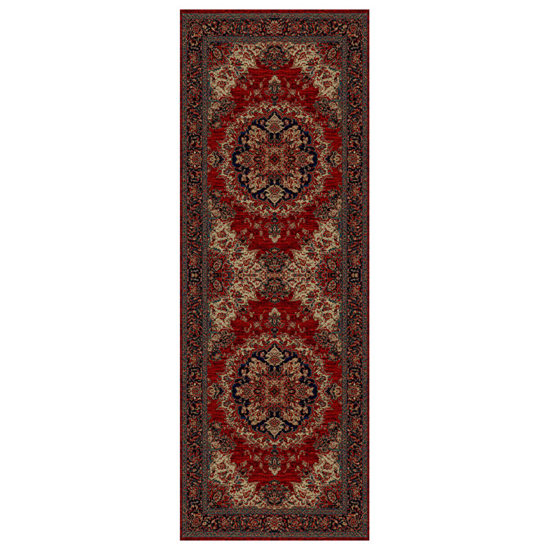 Guria Burgundy/Brown Oriental Vintage Look Machine Printed Cotton Chenille Area Rug, Runner 4' x 14'10"