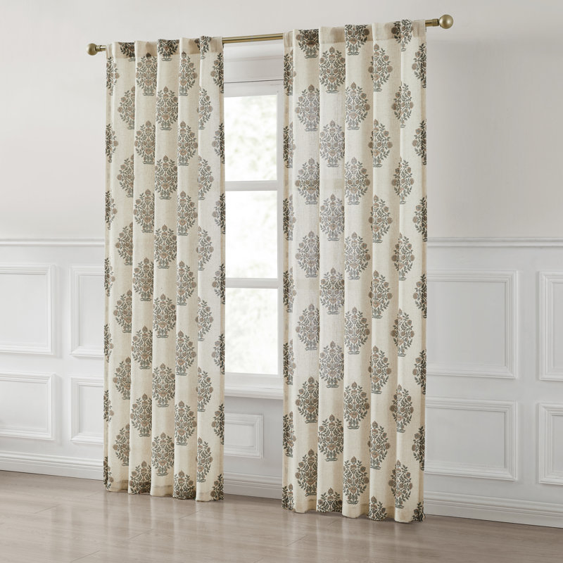 Sofia Flower Block Bouquet Linen Textured Window Curtain Panels Clay/Teal Pair 37x84