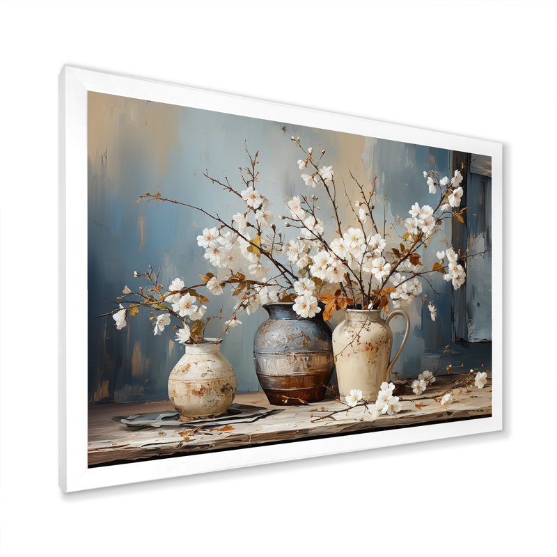 Art mural de poterie et de fleurs nature morte I, Cadre simple noir, H 16 po x l 32 po, Blanc