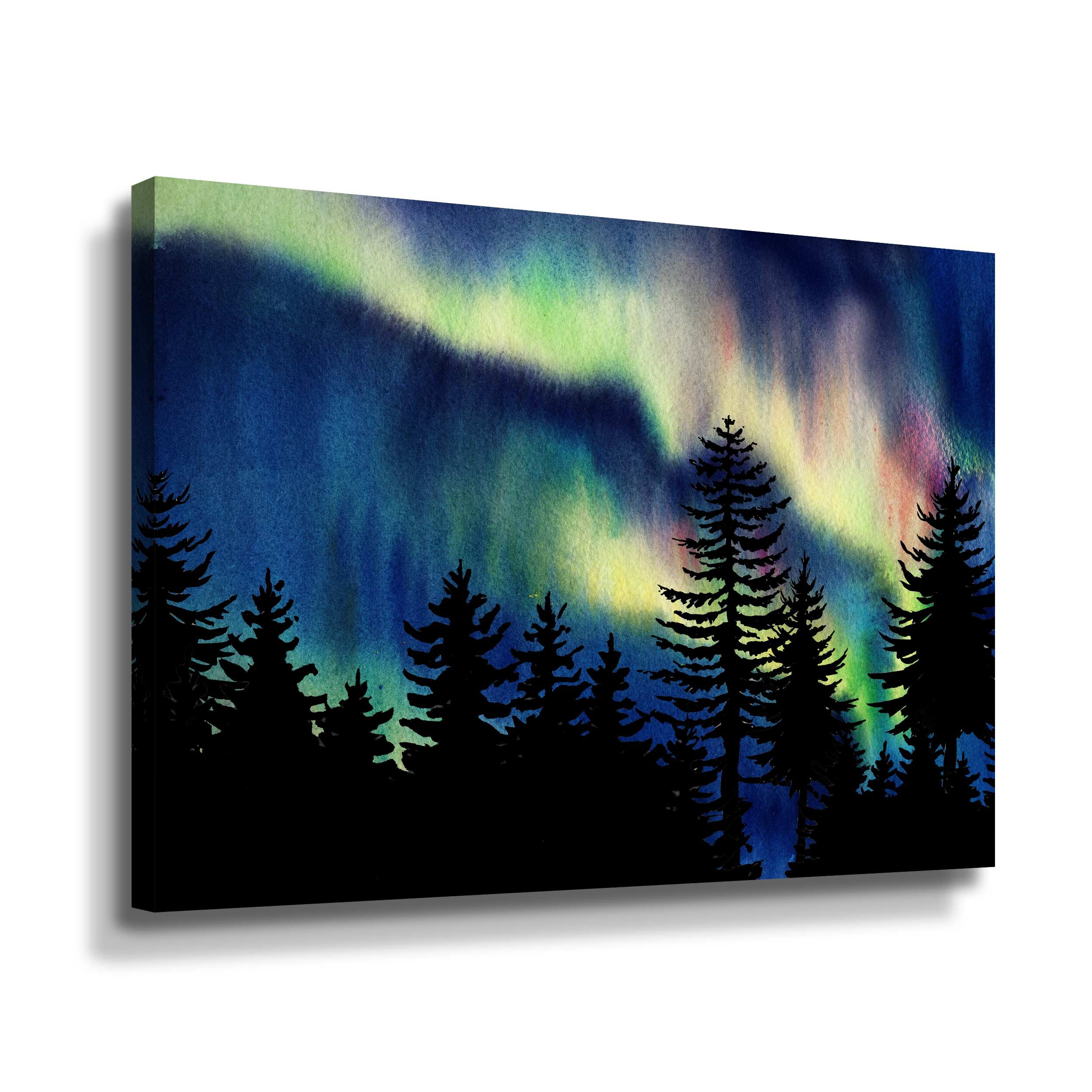 a painting of the aurora bore in the night sky with trees in the fo