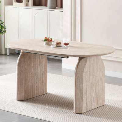 Table de salle à manger en bois extensible, table de cuisine ovale moderne avec un design à deux piliers élégant, parfait pour la salle à manger et le rassemblement, multifonctionnel et peu encombrant, salon et salle à manger.