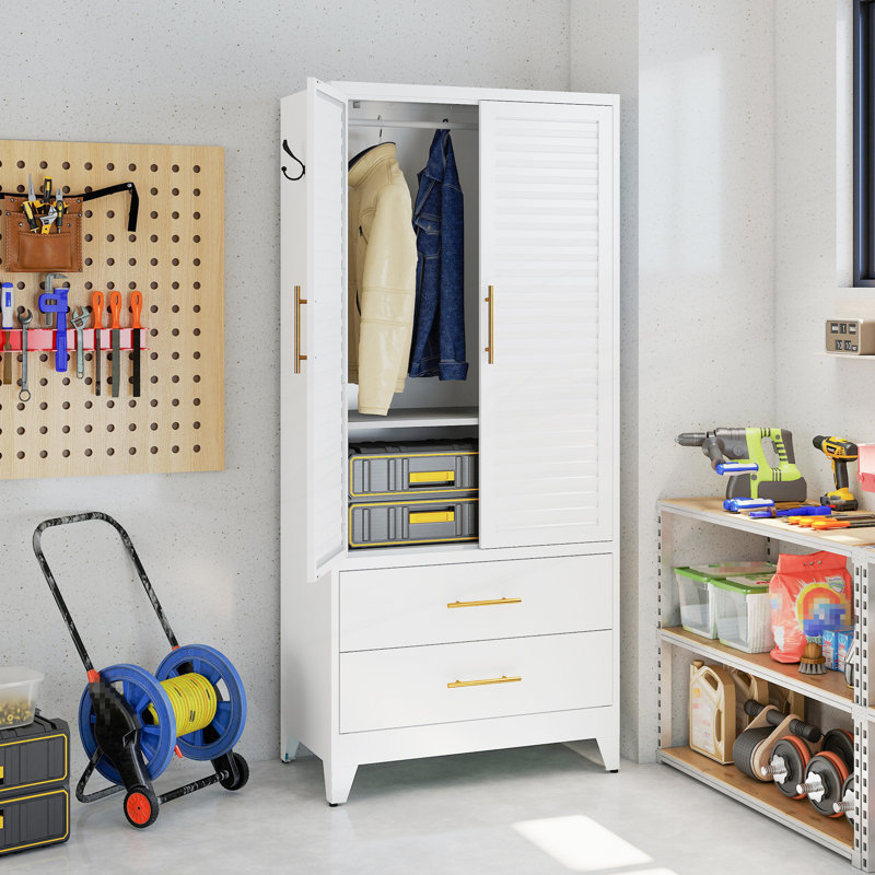 Garde-robe en métal avec 2 portes et tiroirs, armoire de rangement, garde-robe portable léger