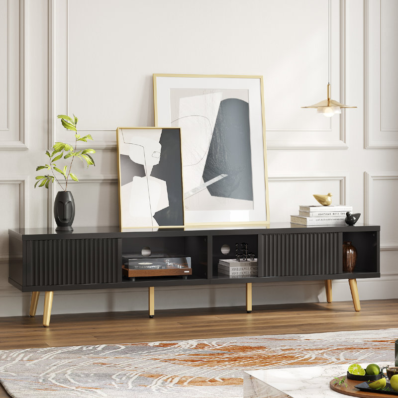 Kruszewski 71" Modern Fluted TV Stand with Sliding Doors, Mid-Century Modern Media Console for 75 Inch TV, Glossy TV Console with Solid Wood Legs