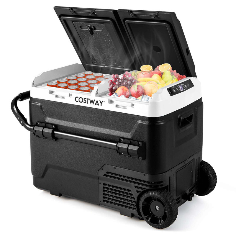 Costway Dual Zone 12v Car Refrigerator 53qt Portable Compressor Fridge Freezer, Green/Black
