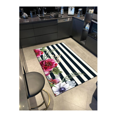 Floral Black Striped Geometric Modern Floral Striped Decorative Carpet