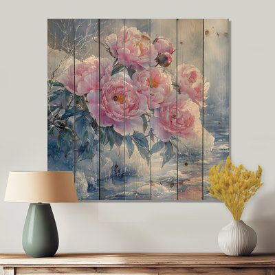 Peonies By The Frozen River I - Peonies Wood Wall Decor - On Natural Pine Wood