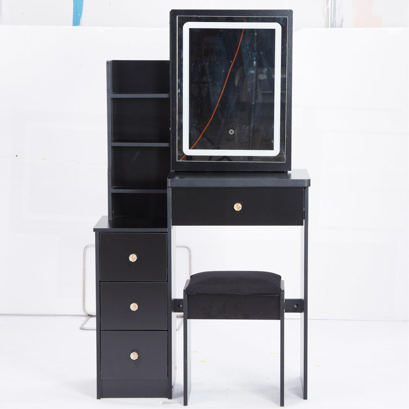 29.2" Small Size Left Bedside Cabinet Vanity Table + Cushioned Stool, Large Sliding, Touch Control, Tri-Color Switching, Brightness Adjust LED Mirror, High Capacity Storage, Suitable For Small Space