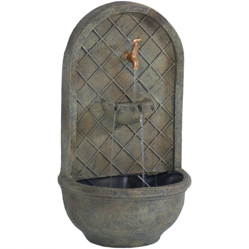 Lutterworth Weather-Resistant Polystone Solar Wall Water Fountain with Battery Backup - Florentine Stone, Beige