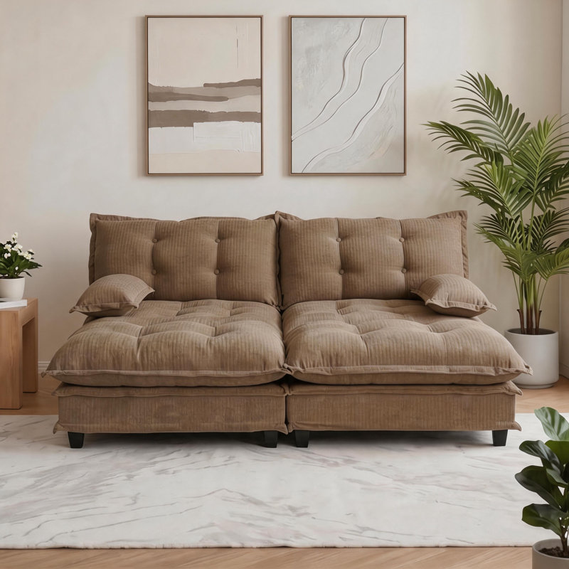 Canapé modulaire en chenille avec 2 repose-pieds Boneless, 35.4" H x 77" W x 33.8" D, Chenille café clair