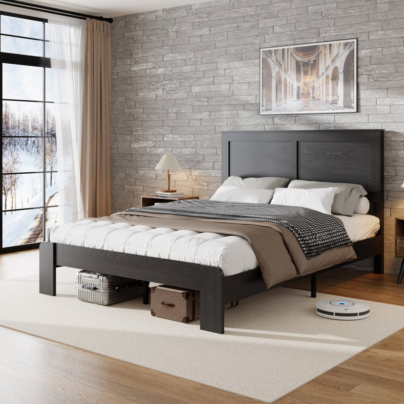 Bed Frame Queen Size, Wood Platform Bed Frame , Noise Free,No Box Spring Needed and Easy Assembly Tool,Large Under Bed Storage,Dark Black