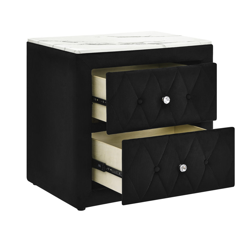 Table de chevet rectangulaire moderne 1pc noir avec plateau en faux marbre, revêtement en tissu à boutons et deux tiroirs pour le tissu Grace, meubles de rangement en cristal